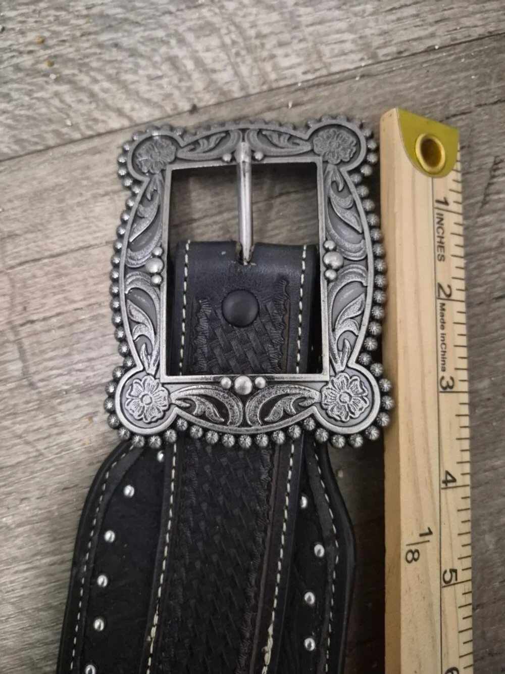 Roper Black Western Leather Hip Belt Ornate Silver Buckle Studded Floral Design